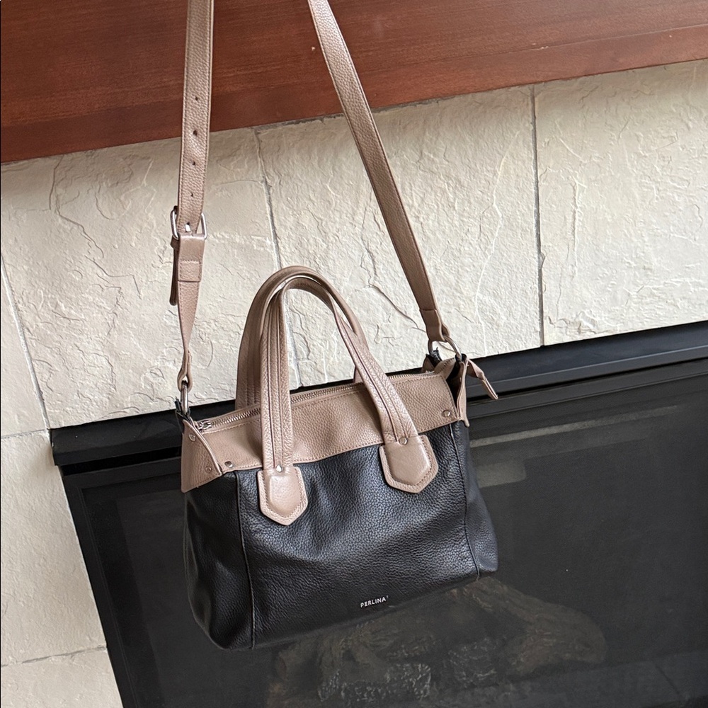 Perlina Black and Taupe Two-Tone Leather Satchel - Picture 2 of 6